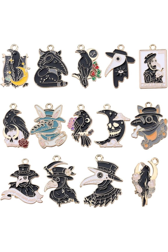 1 Box 28Pcs 14 Styles Black Crow Charm Gothic Charms Bulk Alloy Enamel Raven Bird Moon Rose Beak Animal Charm for Jewelry Making Charms Women DIY Necklaces Earrings Crafts Gold