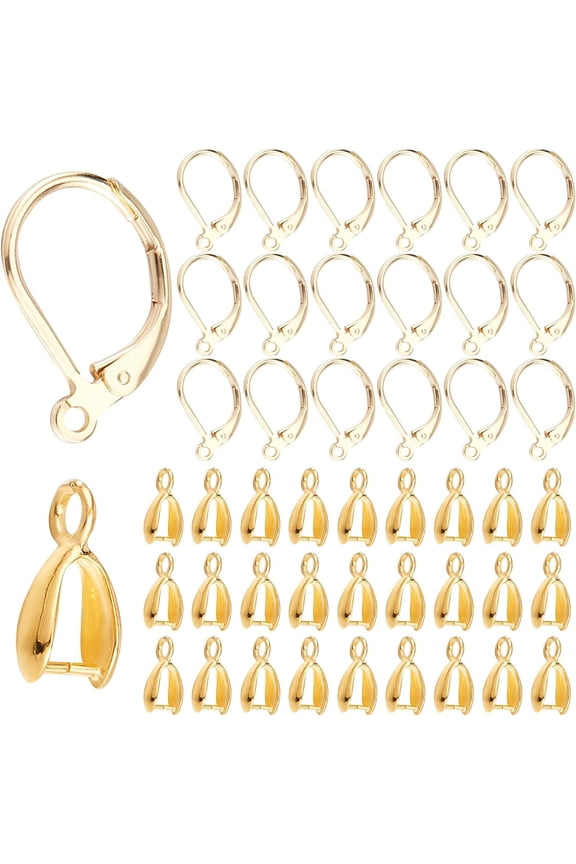 1 Box 28Pcs 24K Gold Plated Brass French Earring Hooks Leverback Ear Wires with 28pcs Pinch Bail Clasp Charm Connectors for DIY Dangle Drop Earrings Jewelry Making Craft 0.61 x 0.39in for DIY