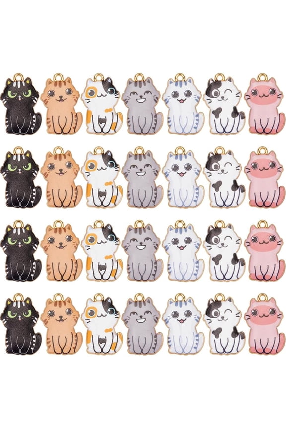 1 Box 28Pcs 7 Colors Enamel Cat Charms Cats Charms Bulk Gold Alloy Printed Metal Animals Kitty Charm for Jewelry Making Charms Supplies DIY Craft Necklace Bracelet Earring Crafting Women Mixed Color