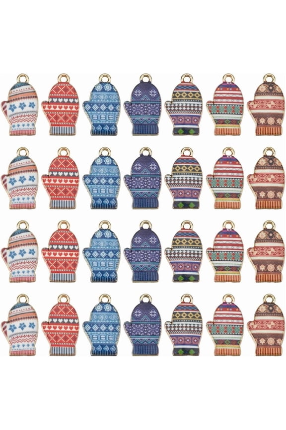1 Box 28Pcs 7 Colors Glove Charm Christmas Alloy Charms Bulk Metal Flower Printed Winter Holiday Xmas Warm Clothes Gloves Mini Charm