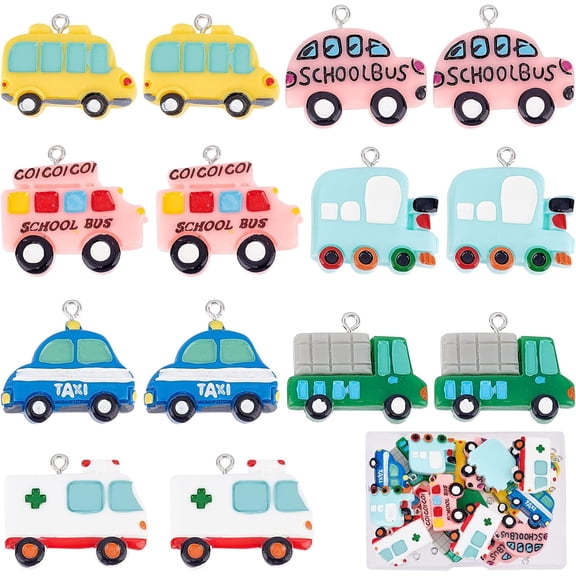 1 Box 28Pcs 7 Style Resin Vehicle Theme Charms Race Car Shoe Pendants Bulk Colorful Vehicle School Bus Air Plane Flatback Resin Beads Decoration for DIY Crafting Jewelry Making Beginners for DIY