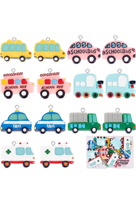 1 Box 28Pcs 7 Style Resin Vehicle Theme Charms Race Car Shoe Pendants Bulk Colorful Vehicle School Bus Air Plane Flatback Resin Beads Decoration for DIY Crafting Jewelry Making Beginners