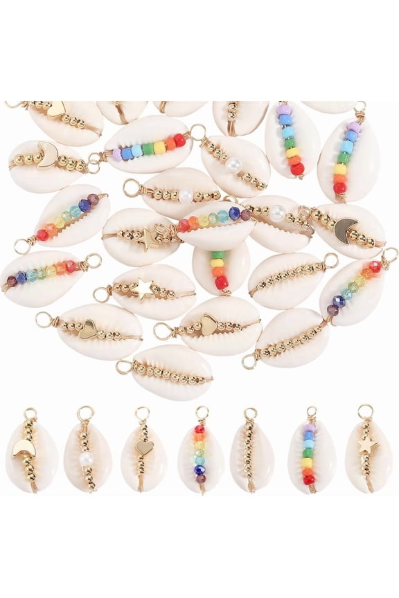1 Box 28Pcs 7 Styles Seashell Charms Bulk Natural Shell Charms Summer Life Ocean Conch Hawaii Sea Beach with Star Heart Beads Loop Pendants for Jewelry Making Supplies Earring Necklace DIY for DIY