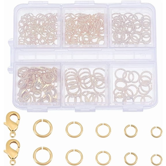 1 Box 290Pcs Open Jump Rings 4/5/6/7/8mm 24K Gold Plated Brass Jump Rings Lobster Claw Clasps Jewelry Making Supplies Kit for DIY Jewelry Making
