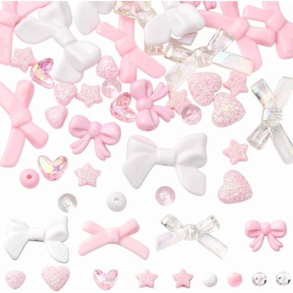 1 Box 290pcs Bowknot Beads Cute Bow Beads Assorted Acrylic Plastic Coquette Pink Bow Tie Star Heart Shape Round Loose Beading Kits