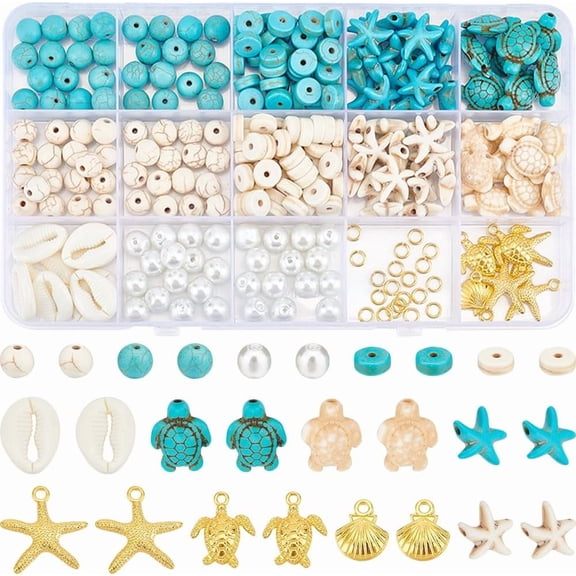 1 Box 292Pcs Sea Turtle Beads Seashell Starfish Beads Lucky Turquoise Spacers Ocean Summer Hawaii Sea Animal Shell Charms for Jewelry Making Beading Kits Women DIY Craft Gift Supplies diy