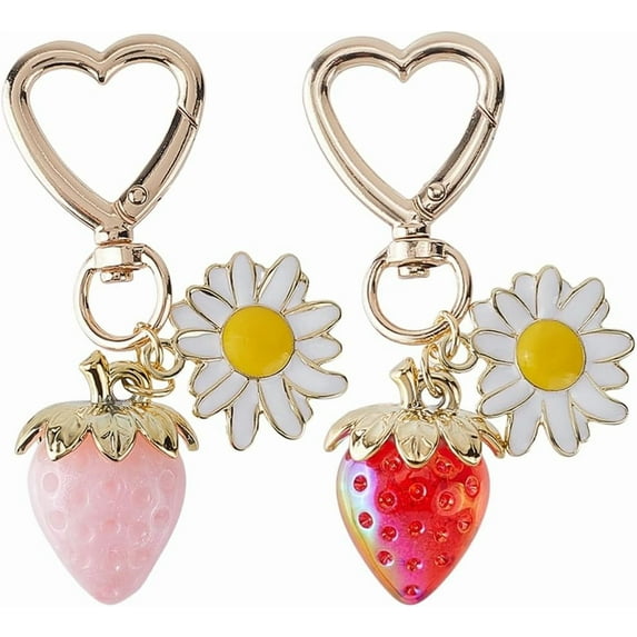 1 Box 2Pcs 2 Colors Strawberry Keychain Bulk s Bag Charms Alloy Red Pink Cute Flower Daisy Swivel Snap Hook Clasps Key Chain Accessories for Women s Purse Backpack Pendant Decoration