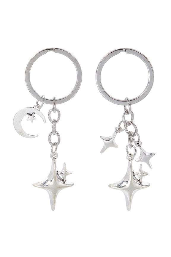 1 Box 2Pcs 2 Styles Silver Star Key Chain Moon Charm Keychain Metal Alloy Stars Shape Aesthetic Accessories Keys Holder Decorative Chain Keyring DIY