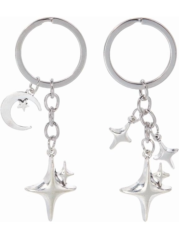 1 Box 2Pcs 2 Styles Silver Star Key Chain Moon Charm Keychain Metal Alloy Stars Shape Aesthetic Accessories Keys Holder Decorative Chain Keyring for Purse Handbag Backpack Bag Car Cellphone grey