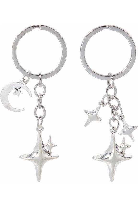 1 Box 2Pcs 2 Styles Silver Star Key Chain Moon Charm Keychain Metal Alloy Stars Shape Aesthetic Accessories Keys Holder Decorative Chain Keyring