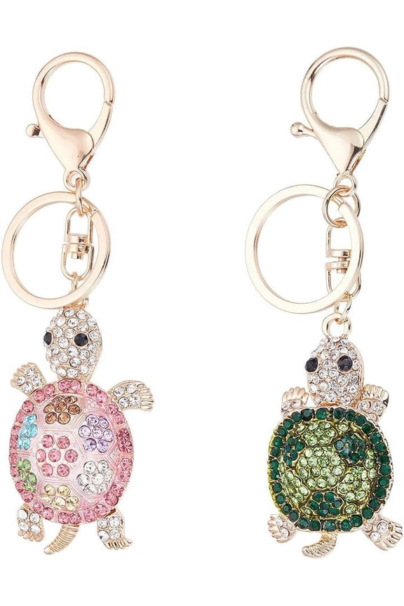 1 Box 2Pcs 2 Styles Turtle Key Chains Women Rhinestone Charm Keychain Alloy Keyring Summer Sea Ocean Tortoise Pendants Keychains for Car Key Keychains Party Favor Purse Favors Gift Women