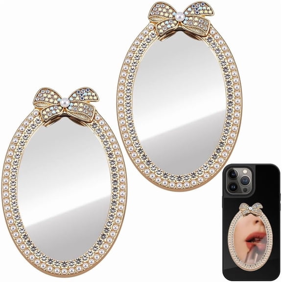 1 Box 2Pcs Adhesive Mirror Phone Makeup Mirror Phone Case Bulk Gold Rhinestones Imitation Pearl with Double-Sided Decal Stick Bowknot Stickers for DIY