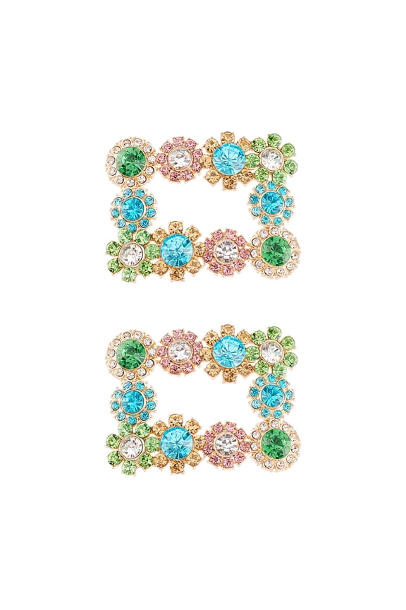 1 Box 2Pcs Alloy Rhinestone Flower Shoe Decorations Rectangle Detachable Shoe Buckle Clips Aquamarine 48x62x6mm