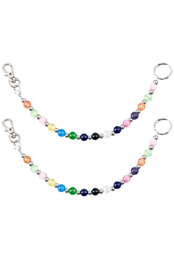 1 Box 2Pcs Beaded Key Strap Beaded Key Keeper 9.8" Glass Cat Eye Beads Hand Strap Chain Finder Swivel Clasps 304 Stainless Steel Keychain Rings