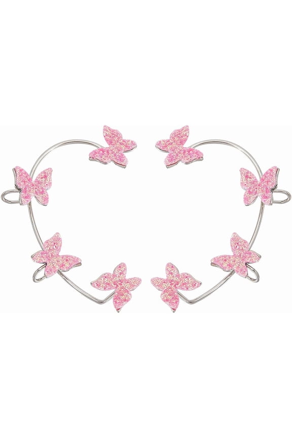 1 Box 2Pcs Butterfly Ear Cuffs Butterfly Ear Cuff Earrings Bling Butterfly Earrings Wrap Crawler Earrings No Piercing Ear Cuff for Women Adults Fairy Clip Earrings Fashion Gift Supplies Pink DIY