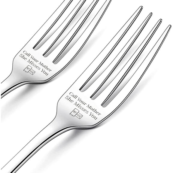 1 Box 2Pcs Call Your Mother She Misses You Engraved Forks with Gift Box Stainless Steel Fun Table Dinner Forks for Friends Families Festival Christmas Birthday Wedding 9Inches