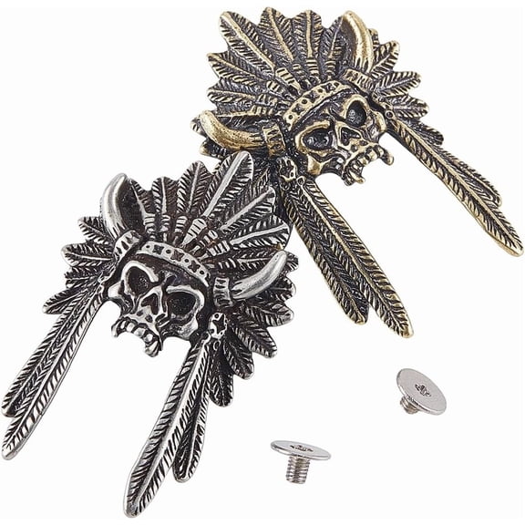 1 Box 2Pcs Conchos Screw Back Brass Tibetan Bronze Gold Silver Indian Tribal Chief Conchos Leathercraft Skulls Head for Leather Craft Decoration AccessoriesMixed Color