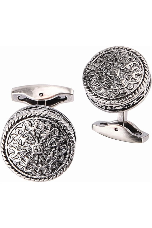 1 Box 2Pcs Cufflinks Studs Set Silver Metal Alloy Vintage Flat Round Flower Carbon Fiber Tuxedo Shirt Cufflink