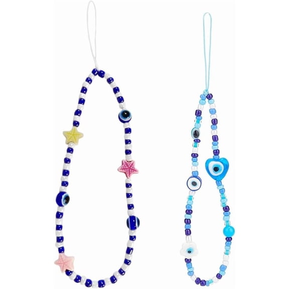 1 Box 2Pcs Evil Eye Glass Beaded Phone Lanyard Heart Star Flower Beads Mobile Phone Lanyard Glass Evil Eye Phone Charm Wrist Strap with Nylon Thread for Women Men -2 Styles
