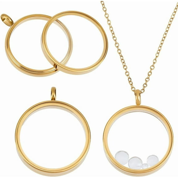 1 Box 2Pcs Glass Locket Charms 18K Gold Plated 304 Stainless Steel Floating Round Clear Photo Frame Charms for Memory Picture Necklace Jewelry Making DIY Gold