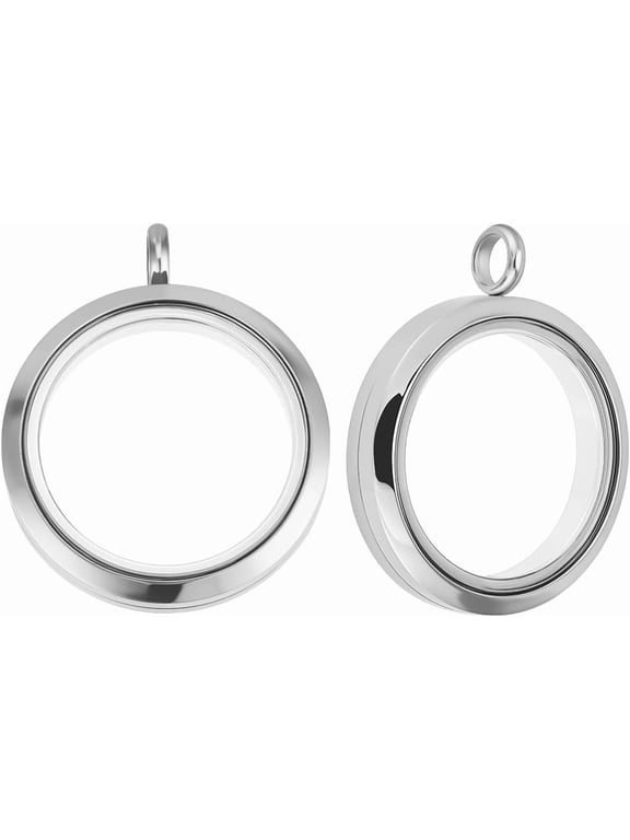 1 Box 2Pcs Glass Locket Pendant Charm 304 Stainless Steel 30mm Flat Round Floating Memory Necklace Charm for Jewelry Necklace Making