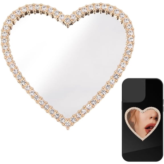 1 Box 2Pcs Makeup Mirror Phone Case Mirror Phone Charms Gold Rhinestones Glass Heart Makeup Smartphone Decal