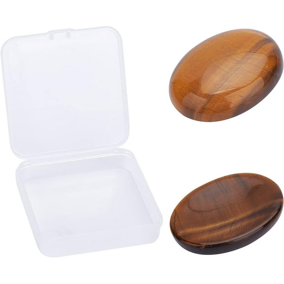1 Box 2Pcs Natural Tiger Eye Worry Stone Crystal Therapy Gemstones Chakra Reiki Oval Shape Thumb Stones for Stress Relief Anxiety Rubbing Balancing Massage Pocket Palm Brown
