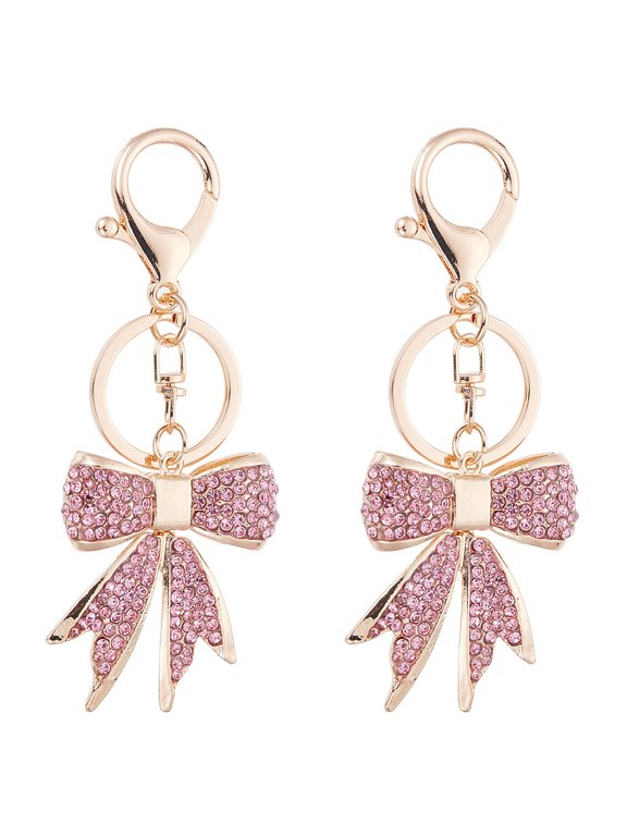 1 Box 2Pcs Rhinestone Key Chain Pink Keychains Bulk Gold Alloy Tassel Sparkly Bowknot Keyring Hang Charms Pendants Key Chains for Car Key