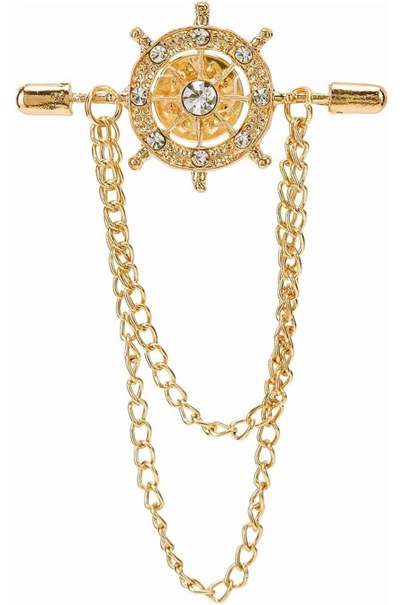 1 Box 2Pcs Ship's Steering Wheel with Chain Collar Lapel Pins Metal Double Chain Collar Bar Tassel Necktie Pins Clasp Stud Bar Clips Brooch Stick for Shirts Badge Scarf Gifts Gold