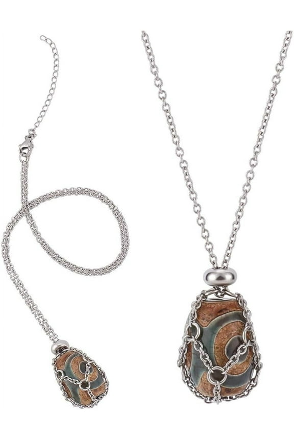 1 Box 2Pcs Stone Holder Necklace 304 Stainless Steel Cage Pendant Necklaces Adjustable Macrame Pouch Necklace (45cm/1.77in) Silver DIY