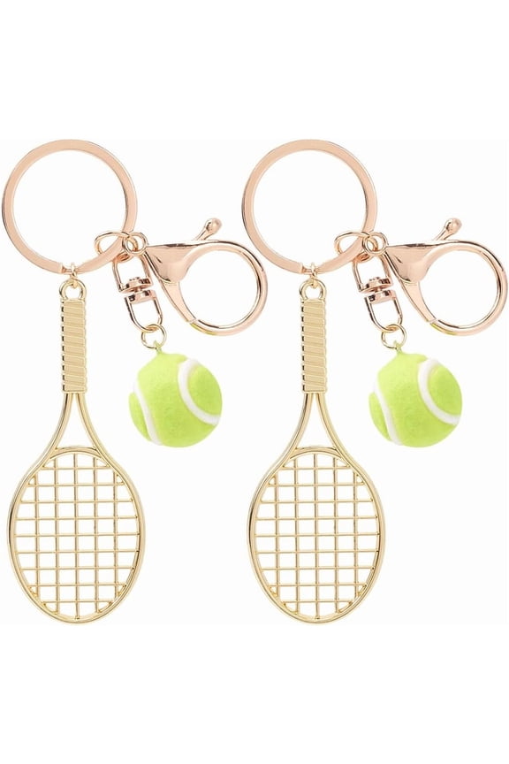 1 Box 2Pcs Tennis Charm Keychain Sport Ball Key Chains Gold Alloy Small Mini Racket Metal Hanging Pendant Keyrings Accessories for Men Car Keys Bags Purses Lanyards Party Favor Decoration Gold DIY
