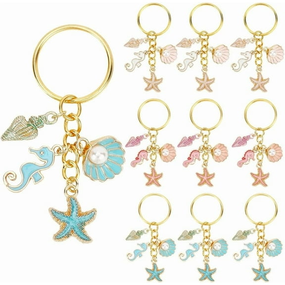 1 Box 3 Colors 12Pcs Ocean Themed Keychains Bulk Cute Key Chain Pack Enamel Gold Pink Summer Sea Beach Hawaiian Shell Charms