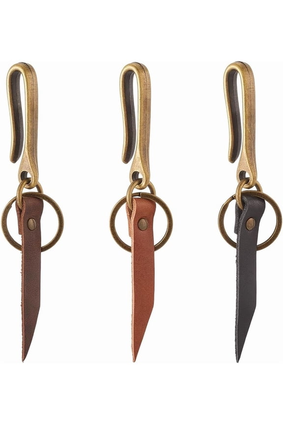 1 Box 3 Colors Fish Hook Key Chains Genuine Cowhide Keychain Set Real Leather Bronze Retro U Shaped Belt Holder Clips Charms for Handbags Party Wedding Favors Purse Keyrings Supply Women Men diy