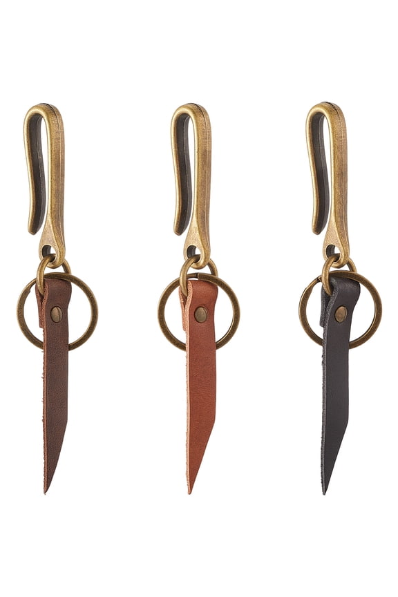 1 Box 3 Colors Fish Hook Key Chains Genuine Cowhide Keychain Set Real Leather Bronze Retro U Shaped Belt Holder Clips Charms for Handbags Party