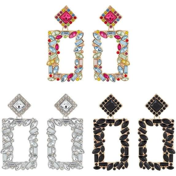 1 Box 3 Pairs 3 Colors Rhinestone Hollow Out Rectangle Dangle Stud Earrings Alloy Long Drop Earrings for Woman Mixed Color 67mm Pin: 0.6mm 1 Pair/color