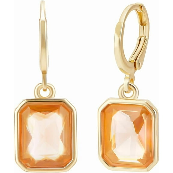 1 Box 3 Pairs Birthstone Drop Earrings Gold Brass Small Dainty Huggie Leverback Earring with Orange Rectangle Cubic Zirconia Dangle Earrings for Jewelry Gifts Women Adults