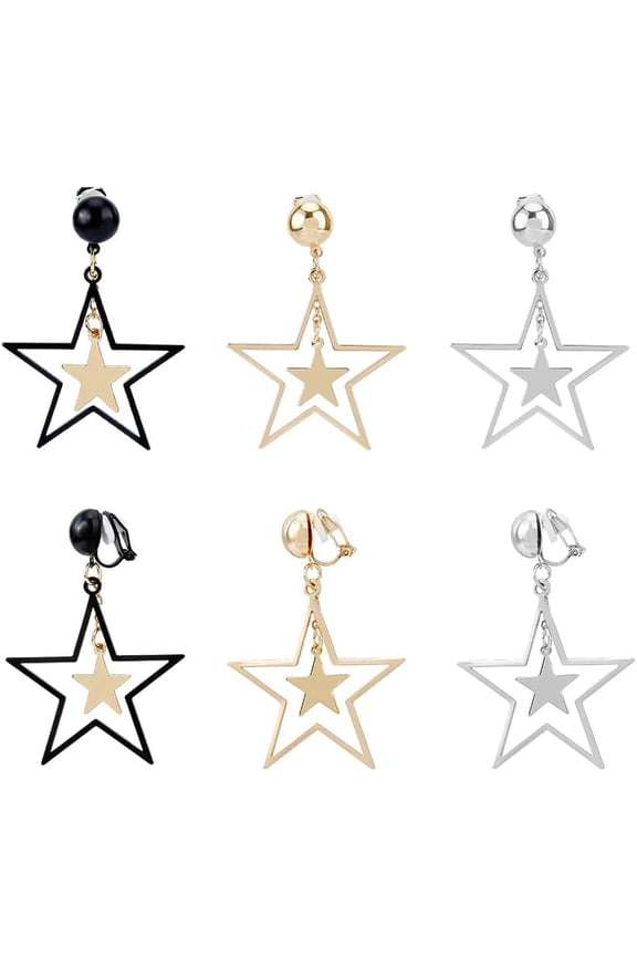 1 Box 3 Pairs Star Clip-on Earrings Gold Silver Black Double Star Earrings Clip on Drop Earrings Star Earrings Dangle Hollow Star Dangle Drop Earrings for Women