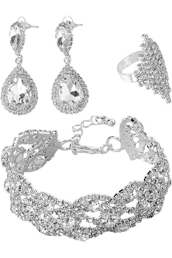 1 Box 3 Pcs Rhinestone Jewelry Set Crystal Teardrop Dangle Stud Earrings Fashion Rhombus Adjustable Ring Elegant Chain Wrap Bracelet Wedding Party Jewelry Gifts for Women