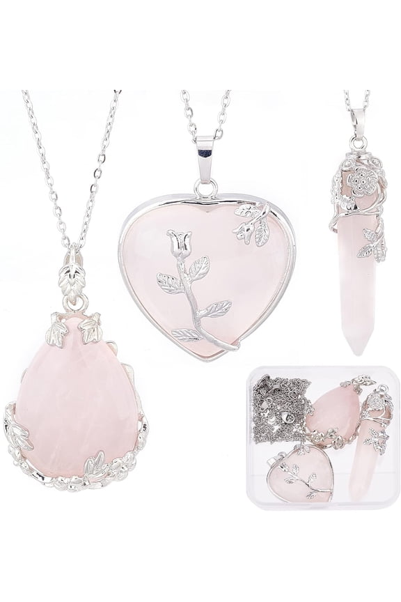 1 Box 3 Style Healing Necklaces Natural Rose Quartz Gemstone Necklace Making Kit Healing Stone Heart Pendants with Stainless Steel Chain Kits Reiki Energy DIY Craft DIY Making