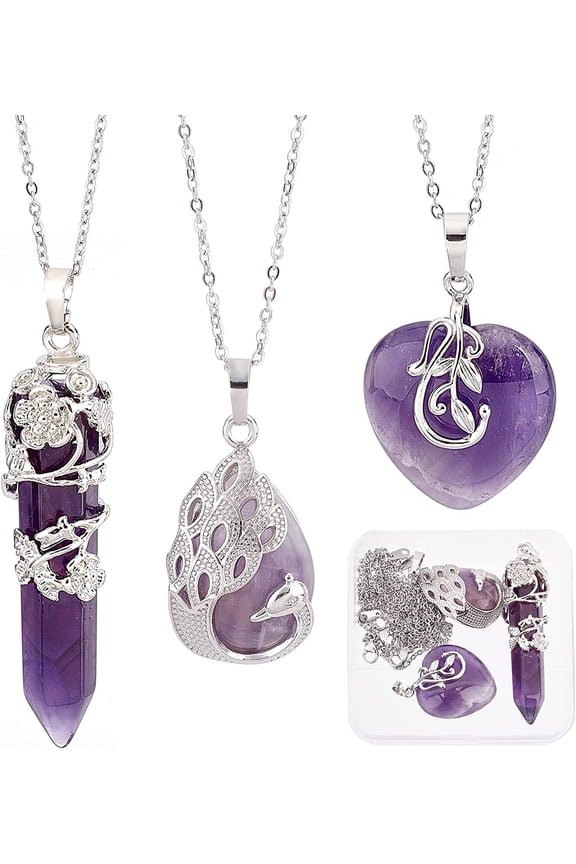 1 Box 3 Styles Necklace Set Flower Wrapped Healing Necklace Stone Point Pendant Natural Amethyst Charms for Jewelry Making Charms Heart Gemstone Kit Adult DIY
