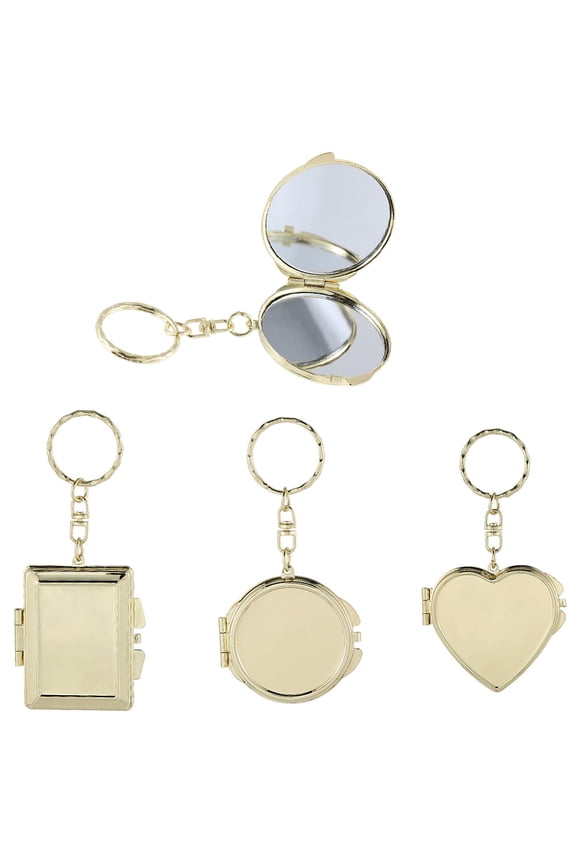 1 Box 3 Styles Pocket Mirror Keychain Heart Mirror Key Chain Double Side Round Rectangle Small Gold Travel Cosmetic Make Up Portable Key Rings