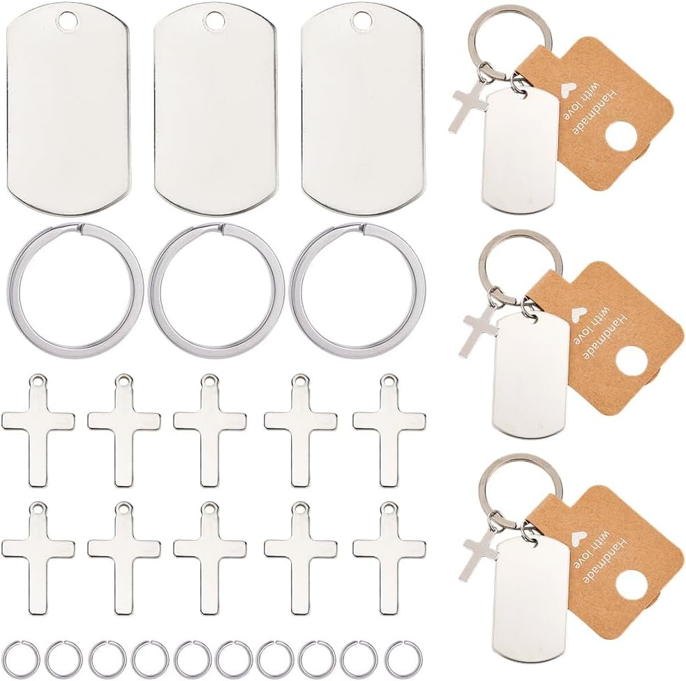 1 Box 30 Pack Engravable Keychains Blank Cross Metal Stamping Blank Tags Stainless Steel Round Key Ring Paper Display Cards Jump Rings Key Chains Making Kits for DIY Holiday Birthday Gift