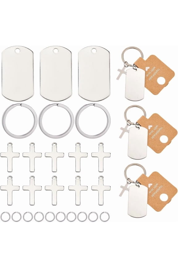 1 Box 30 Pack Engravable Keychains Blank Metal Stamping Blank Tags Stainless Steel Round Key Ring Paper Display Cards Jump Rings Key Chains Making Kits for DIY Making
