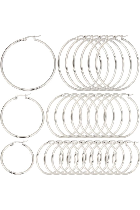 1 Box 30 Pairs 3 Style Hoop Earring Findings Round Earring Beading Hoops Silver Hypoallergenic Stainless Steel Large Earrings Open Dangle Earring Hoops for Jewelry Making Supplies DIY Craft for DIY