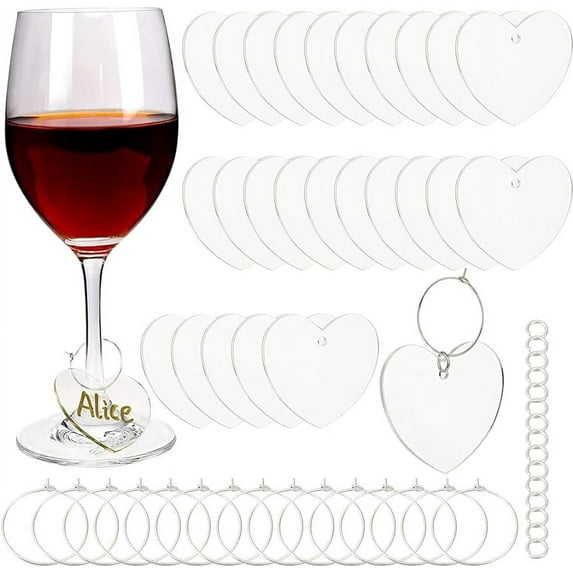 1 Box 30 Set Wine Glass Charms Arylic Drink Tags Drink Charms Bulk Heart Shaped Drink Markers Clear Wine Glass Name
