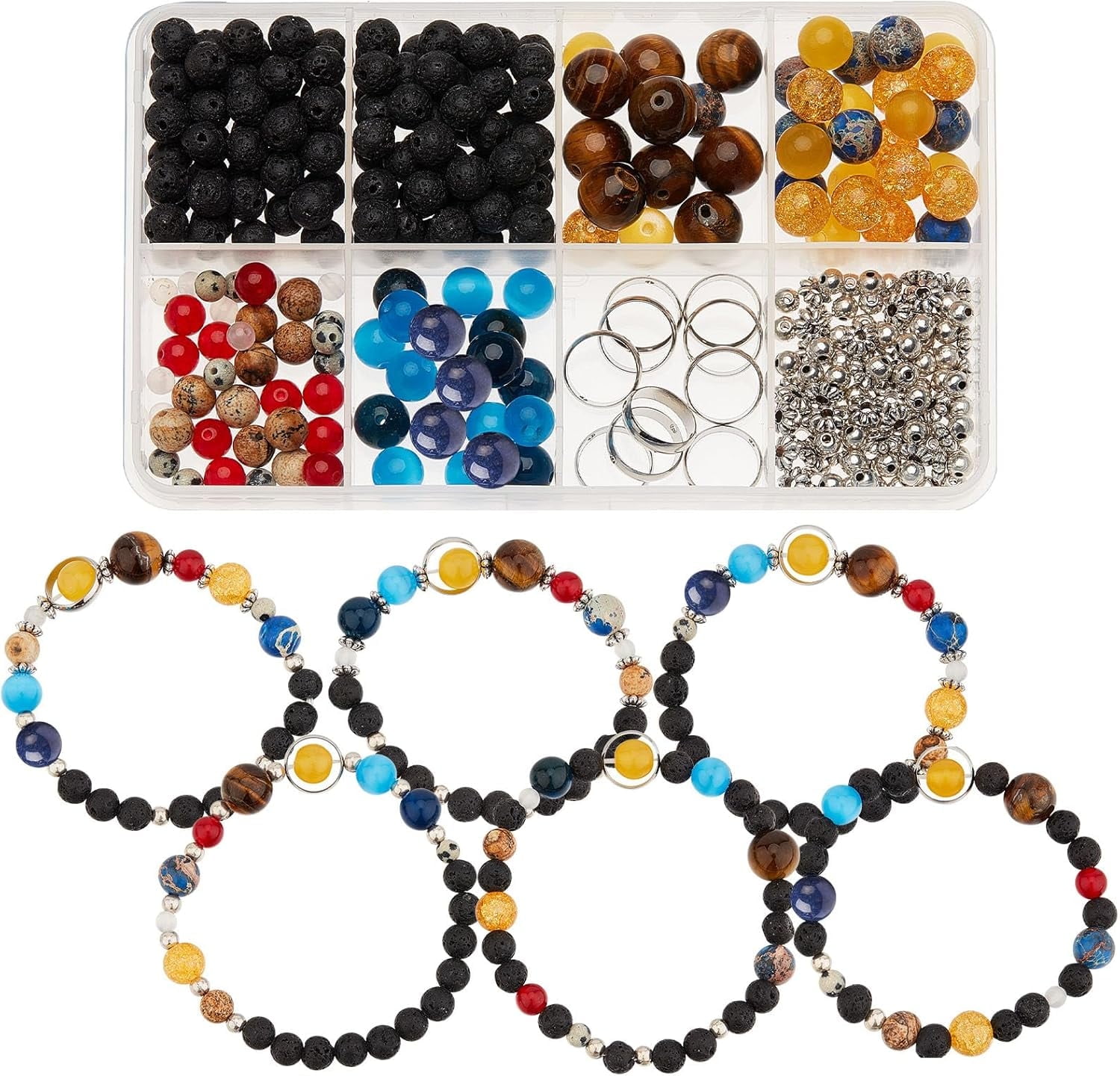 1 Box 300+Pcs DIY 10 Sets Solar System Bracelets Kit Universe Galaxy The Nine Guardian Planets Beading Bracelet Necklace Tiger Eye Bead Natural Gemstone Beads for Jewelry Making Kits Craft