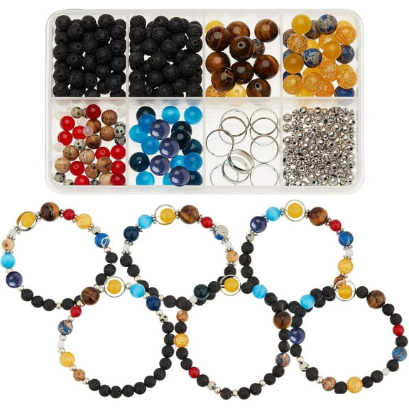1 Box 300+Pcs DIY 10 Sets Solar System Bracelets Kit Universe Galaxy The Nine Guardian Planets Beading Bracelet Necklace Tiger Eye Bead Natural Gemstone Beads for Jewelry Making Kits Craft