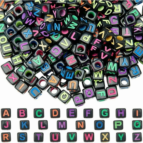 1 Box 300 Pcs Letter Acrylic Beads Colorful Cube Alphabet Beads Plastic Bulk Colored Square Name Black Letters Alphabets Loose Bead for Jewelry Making DIY Crafts Bracelets Necklaces Supplies