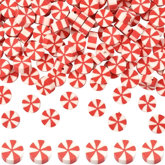 1 Box 300PCS Christmas Candy Beads with Hole Handmade Polymer Clay Flat Round Orange Red Ornaments Loose Spacer Bead Bulk DIY