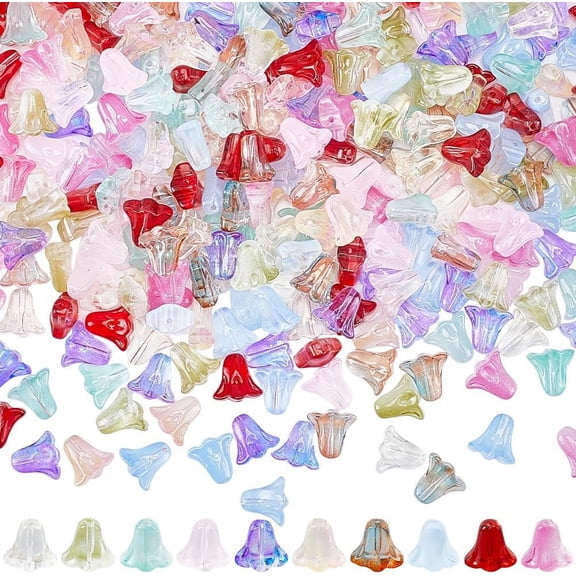 1 Box 300Pcs 10 Colors Glass Flower Bead Caps Flower Shaped Beads Bulk Gradient Tulip Lily Bell Trumpet Loose Flower Spacer Beads for Jewelry Making DIY Bracelets Necklaces Earrings